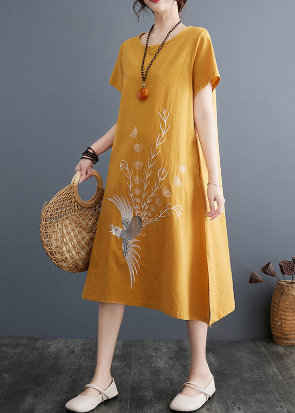 Plus Size Yellow Embroidered Linen A Line Dress Summer