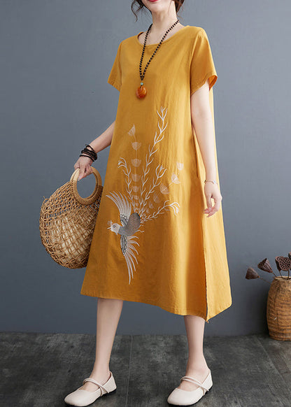 Plus Size Yellow Embroidered Linen A Line Dress Summer