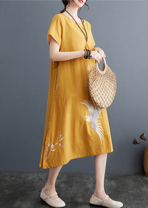 Plus Size Yellow Embroidered Linen A Line Dress Summer