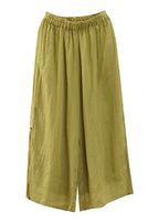 Plus Size Yellow Embroidered Patchwork Linen Wide Leg Pants Summer