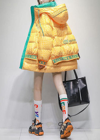 Plus Size Yellow Hooded Letter Patchwork Duck Down Coats Winter
