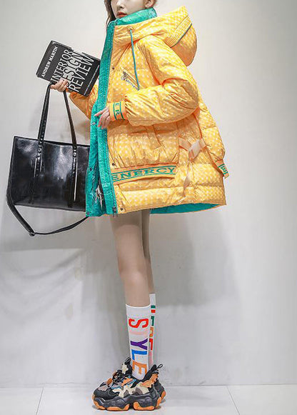 Plus Size Yellow Hooded Letter Patchwork Duck Down Coats Winter