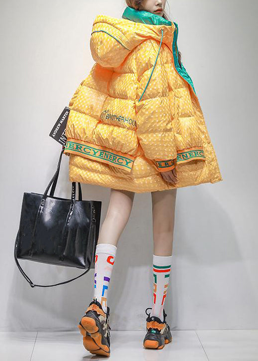 Plus Size Yellow Hooded Letter Patchwork Duck Down Coats Winter