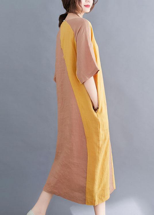 Plus Size Yellow O-Neck Casual Straight Summer Ankle Dress - SooLinen