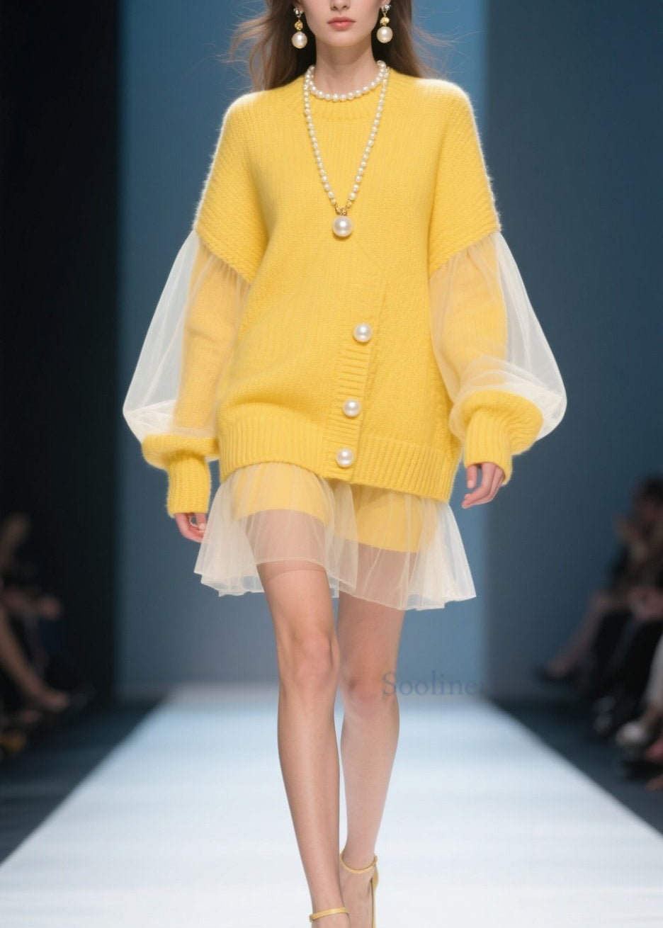 Plus Size Yellow O Neck Tulle Patchwork Knit Dress Fall