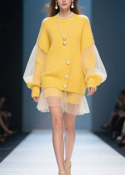 Plus Size Yellow O Neck Tulle Patchwork Knit Dress Fall