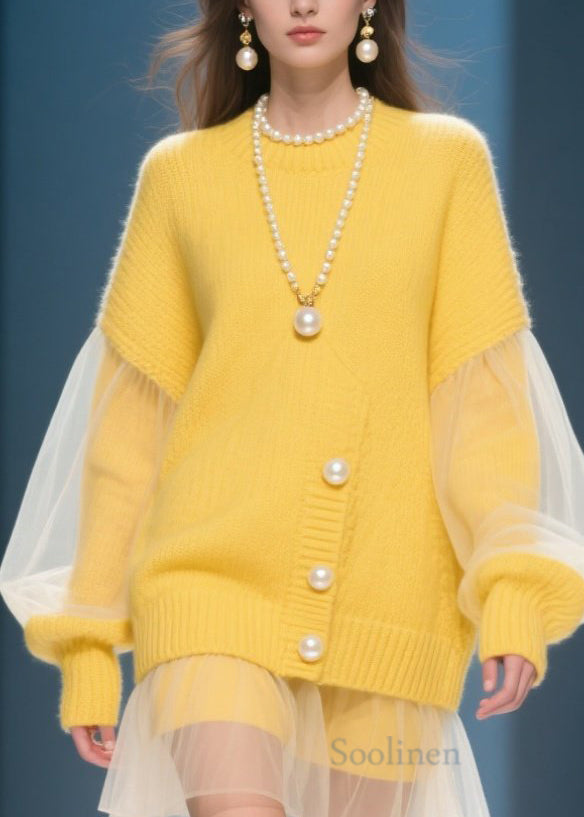 Plus Size Yellow O Neck Tulle Patchwork Knit Dress Fall