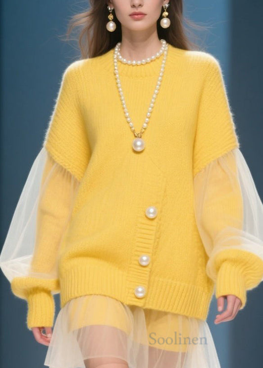 Plus Size Yellow O Neck Tulle Patchwork Knit Dress Fall