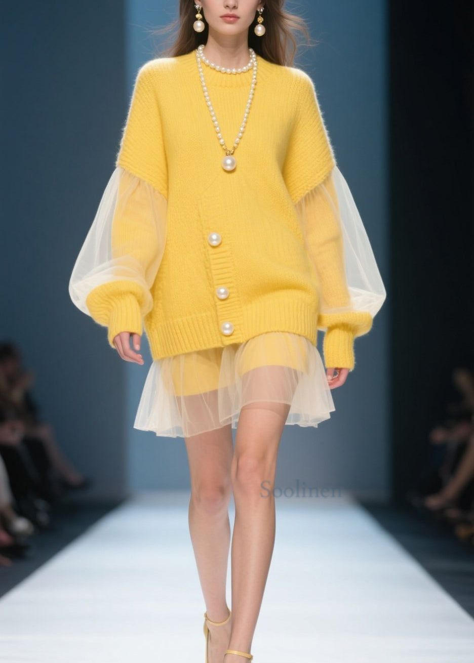 Plus Size Yellow O Neck Tulle Patchwork Knit Dress Fall