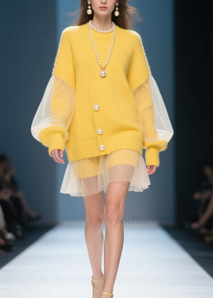 Plus Size Yellow O Neck Tulle Patchwork Knit Dress Fall