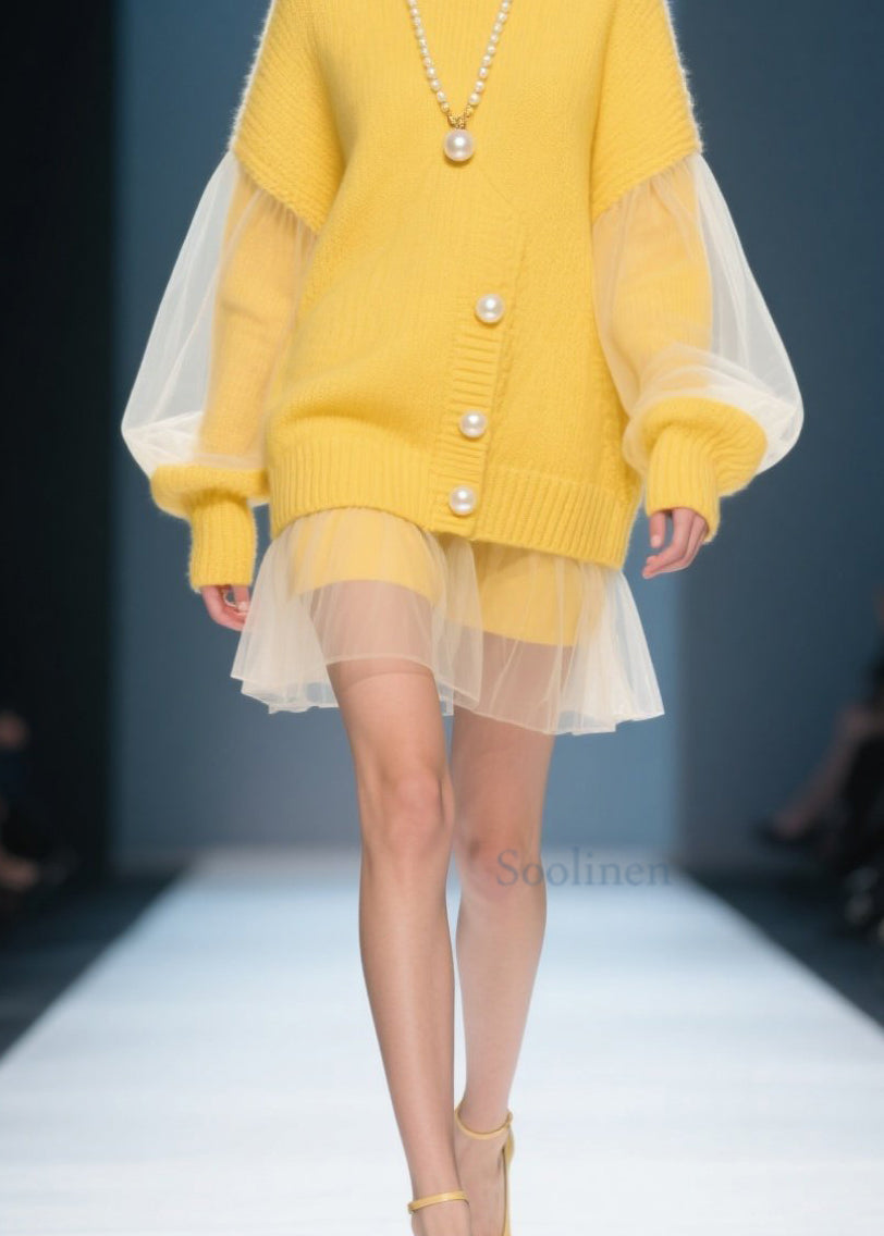 Plus Size Yellow O Neck Tulle Patchwork Knit Dress Fall