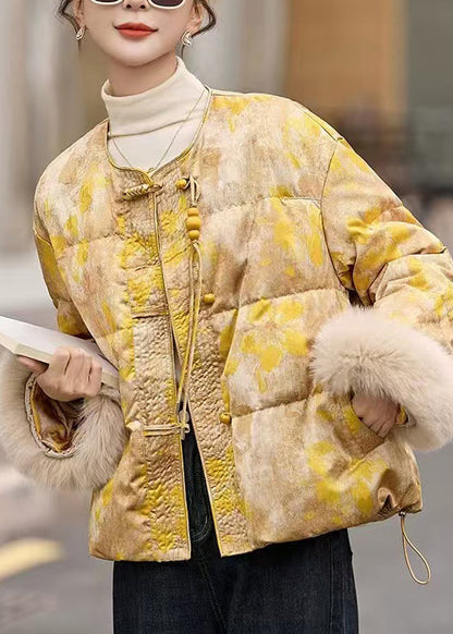 Plus Size Yellow Oriental Button Fur Patchwork Duck Down Jacket Winter