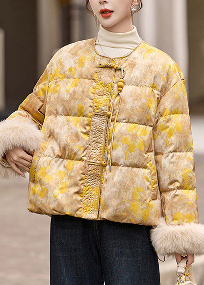 Plus Size Yellow Oriental Button Fur Patchwork Duck Down Jacket Winter