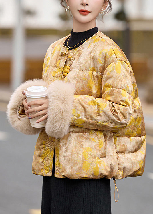 Plus Size Yellow Oriental Button Fur Patchwork Duck Down Jacket Winter