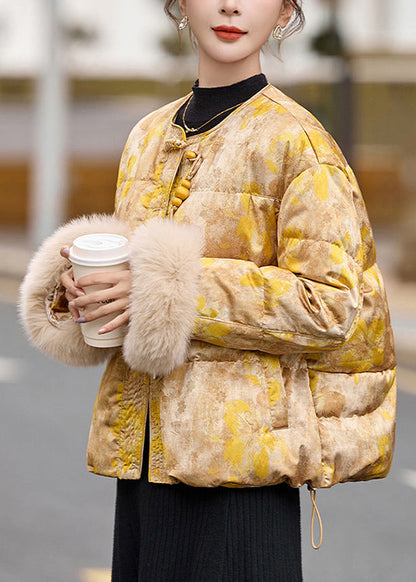 Plus Size Yellow Oriental Button Fur Patchwork Duck Down Jacket Winter