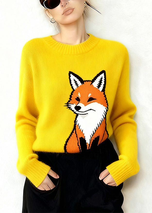 Plus Size Yellow Oversized Cute Fox Thick Knit Sweaters Winter