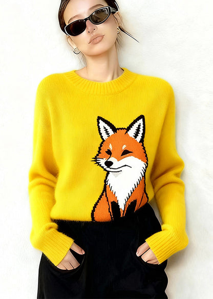 Plus Size Yellow Oversized Cute Fox Thick Knit Sweaters Winter