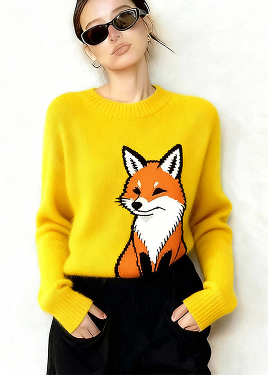 Plus Size Yellow Oversized Cute Fox Thick Knit Sweaters Winter