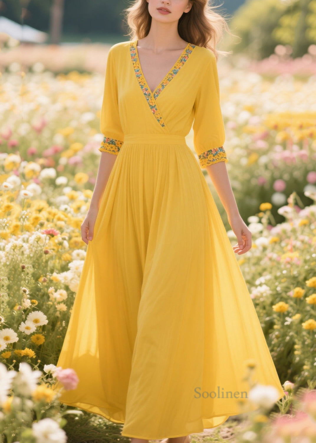 Plus Size Yellow Patchwork Print Chiffon Holiday Dress Summer