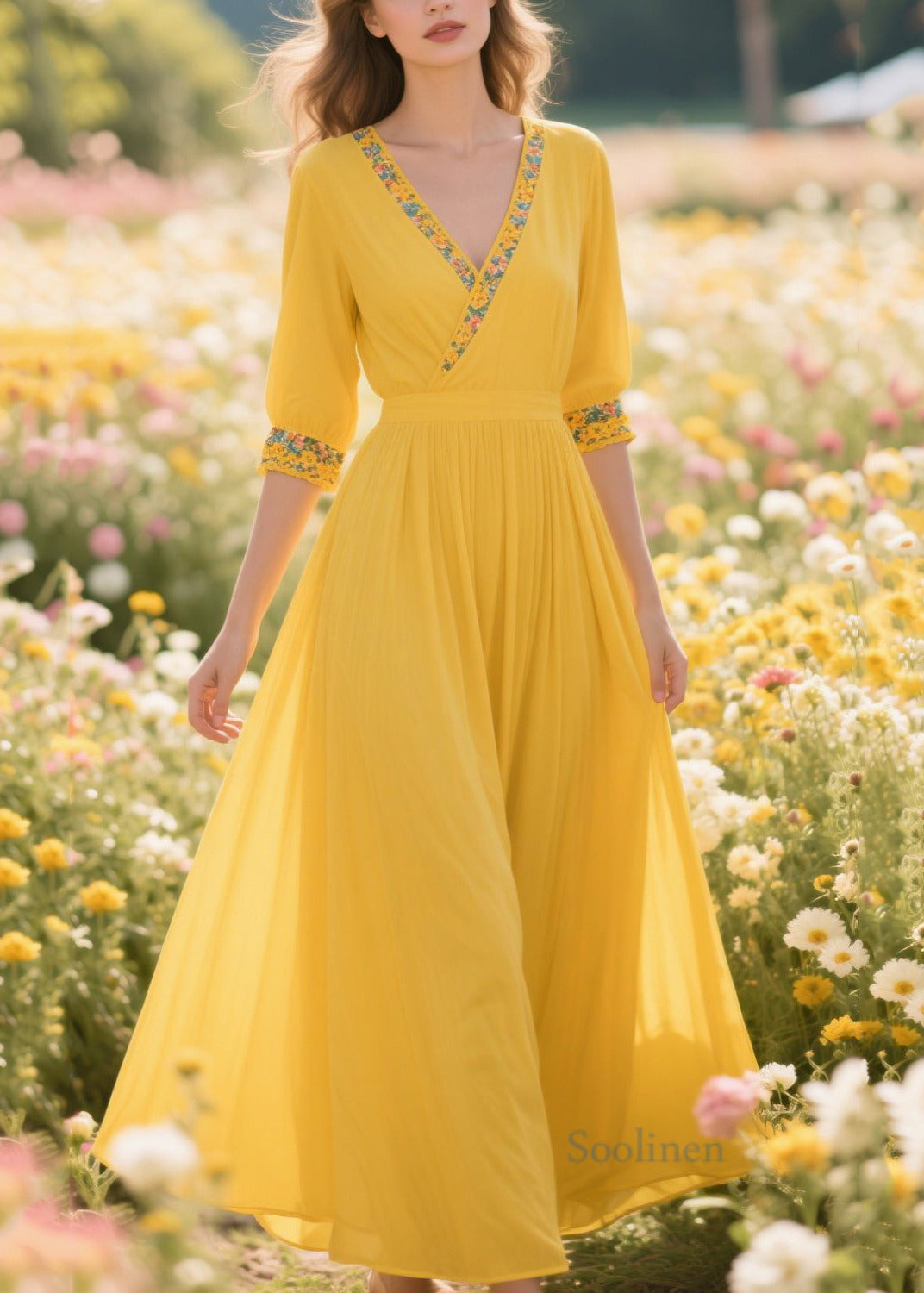 Plus Size Yellow Patchwork Print Chiffon Holiday Dress Summer