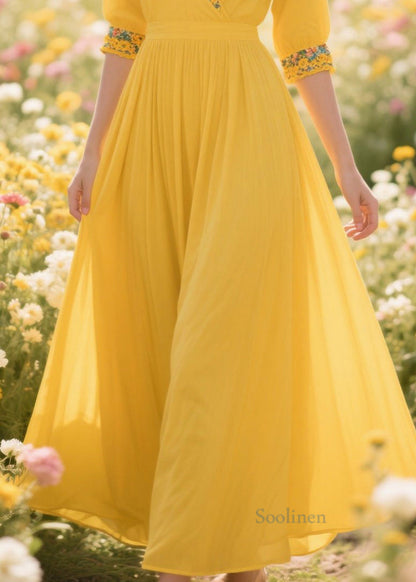 Plus Size Yellow Patchwork Print Chiffon Holiday Dress Summer