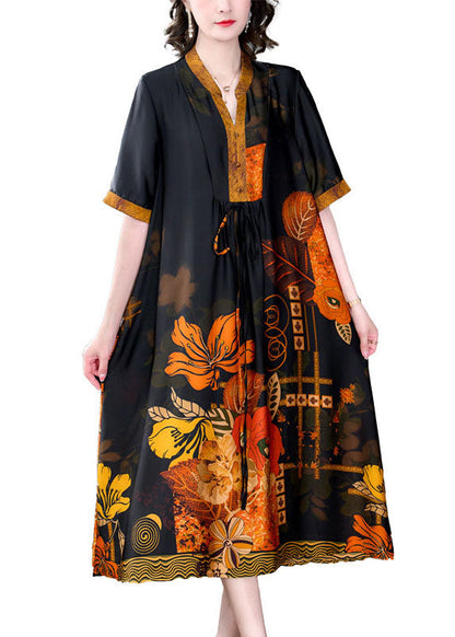 Plus Size Yellow Print Pockets Wrinkled Patchwork Silk Dress Summer