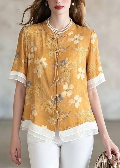 Plus Size Yellow Print Shirts Short Sleeve