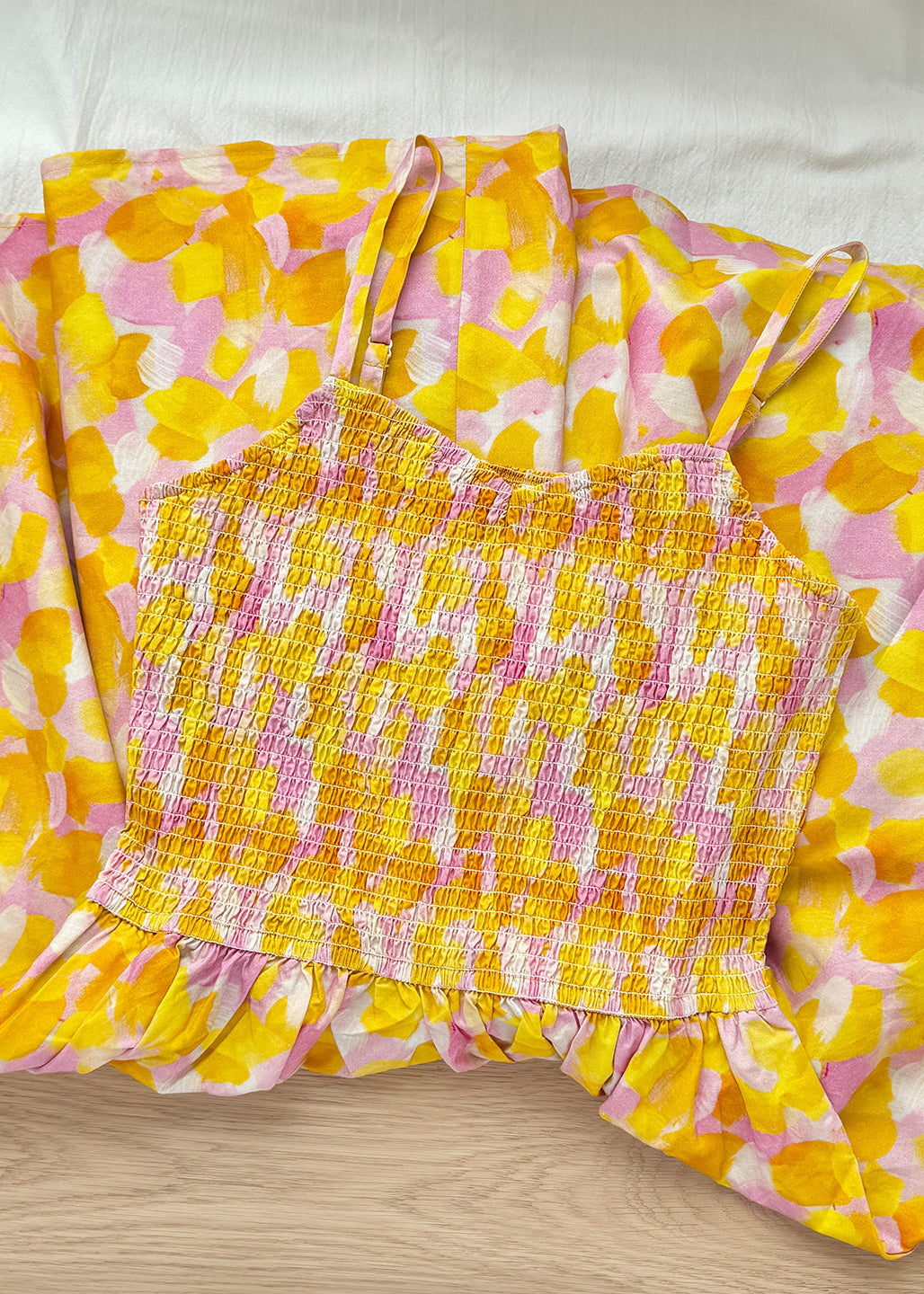 Plus Size Yellow Print Wrinkled Cotton Cami Dresses Summer