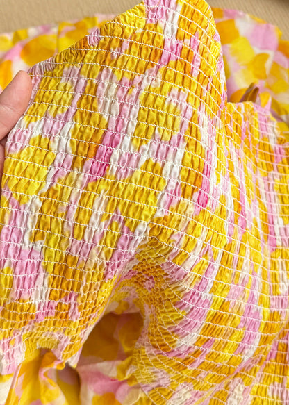 Plus Size Yellow Print Wrinkled Cotton Cami Dresses Summer