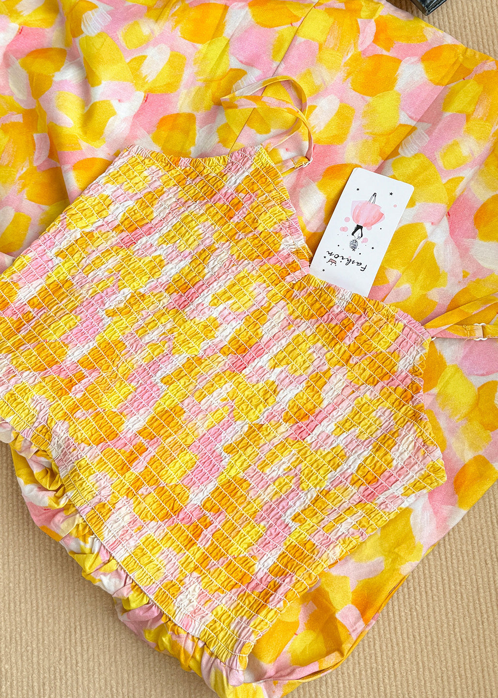 Plus Size Yellow Print Wrinkled Cotton Cami Dresses Summer