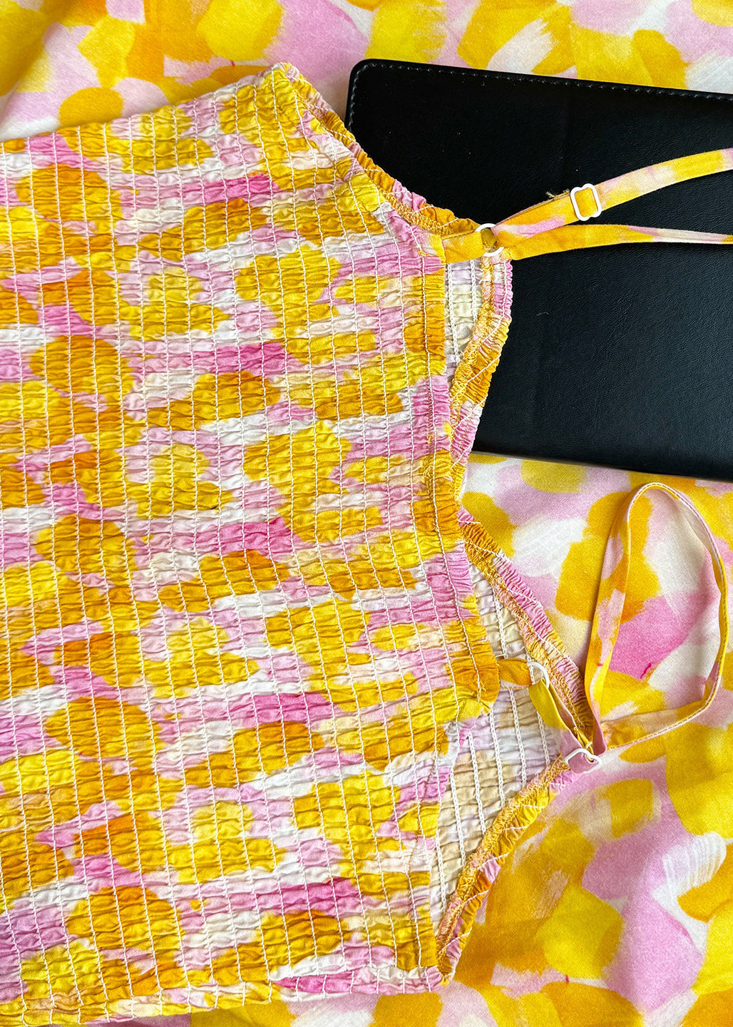 Plus Size Yellow Print Wrinkled Cotton Cami Dresses Summer