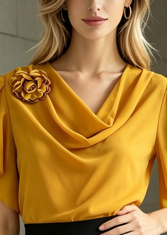 Plus Size Yellow Ruffled Floral Chiffon Shirt Summer
