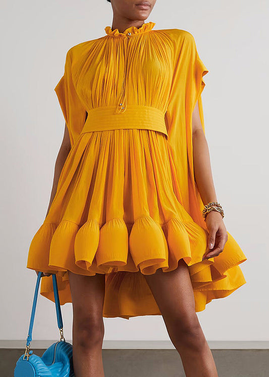 Plus Size Yellow Ruffled Lace Up Mini Dress Summer