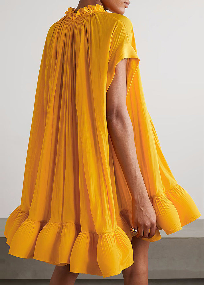 Plus Size Yellow Ruffled Lace Up Mini Dress Summer