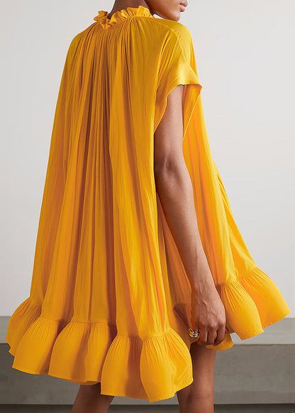 Plus Size Yellow Ruffled Lace Up Mini Dress Summer