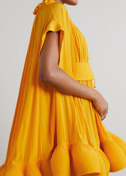 Plus Size Yellow Ruffled Lace Up Mini Dress Summer