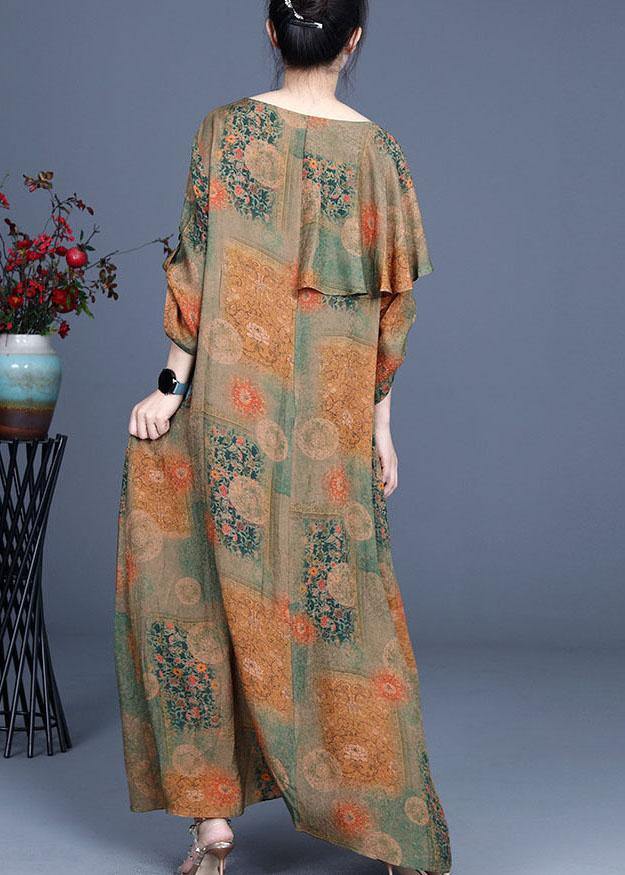 Plus Size Yellow Ruffles Patchwork Summer Silk  Dresses Half Sleeve - SooLinen