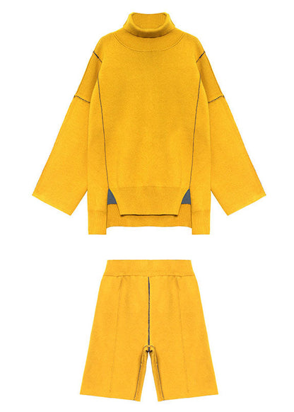 Plus Size Yellow Turtleneck Knit Casual Fall Two Piece Set
