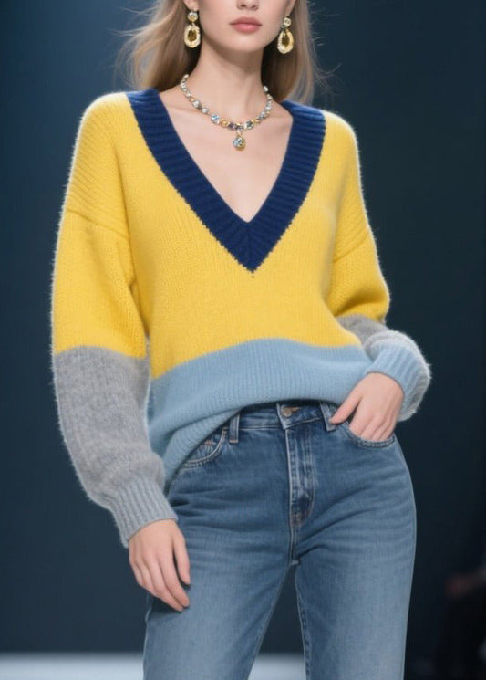 Plus Size Yellow V Neck Patchwork Knit Pullover Winter