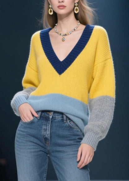 Plus Size Yellow V Neck Patchwork Knit Pullover Winter