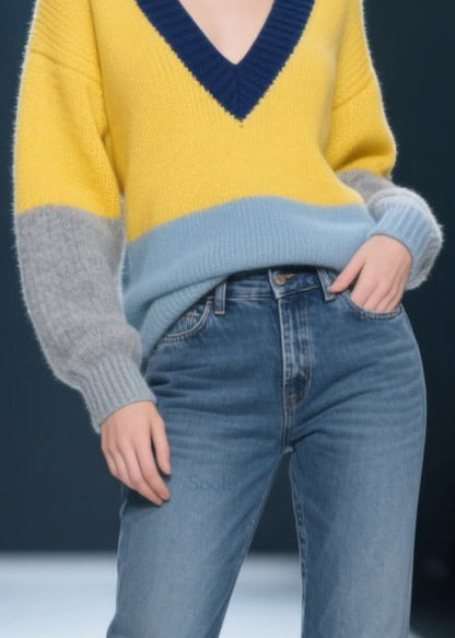 Plus Size Yellow V Neck Patchwork Knit Pullover Winter