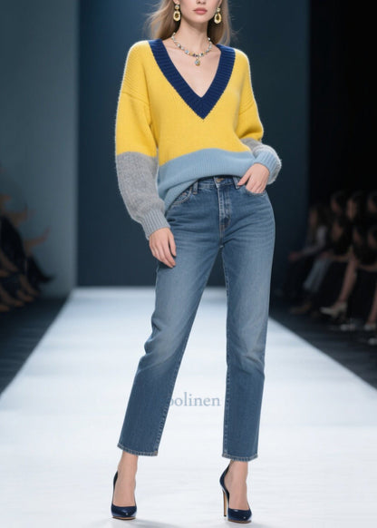 Plus Size Yellow V Neck Patchwork Knit Pullover Winter