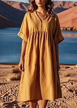 Load image into Gallery viewer, Plus Size Yellow V Neck Wrinkled Patchwork Linen Dresses Summer
