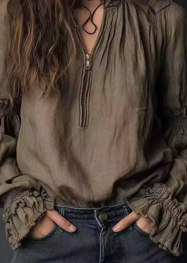 Plus Size Zip Up Ruffled Patchwork Cotton Tops Spring