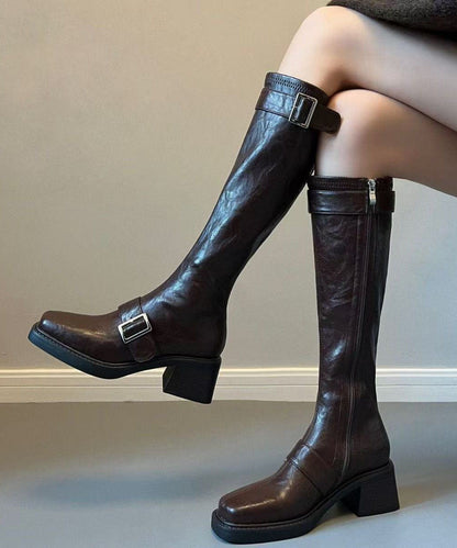 Pointed Toe Chocolate Boots Buckle Strap Chunky Boots