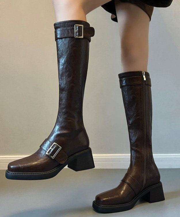 Pointed Toe Chocolate Boots Buckle Strap Chunky Boots