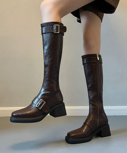 Pointed Toe Chocolate Boots Buckle Strap Chunky Boots