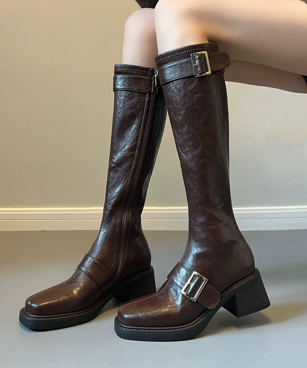 Pointed Toe Chocolate Boots Buckle Strap Chunky Boots