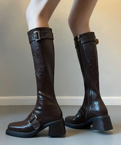 Pointed Toe Chocolate Boots Buckle Strap Chunky Boots