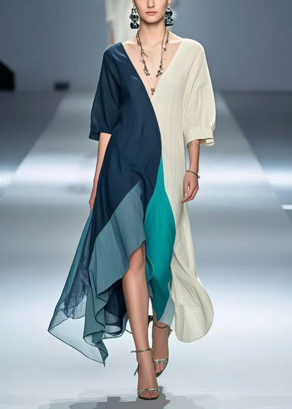 Polychrome Patchwork Cotton Robe Dresses Asymmetrical Summer